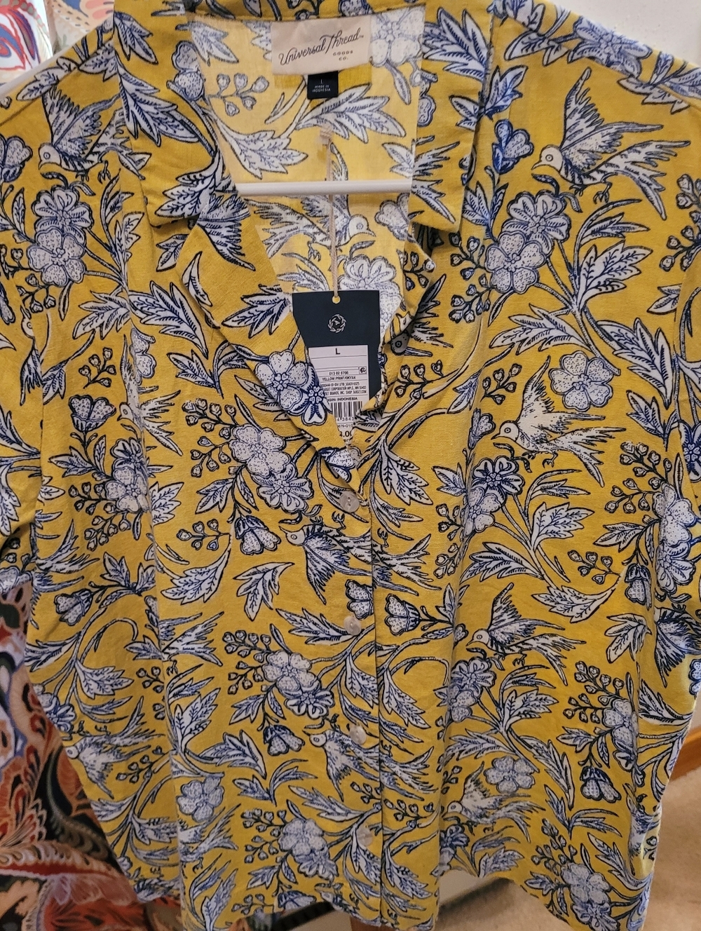 Universal Thread Yellow Floral & Bird Short-Sleeve Button-Down Shirt, W, L